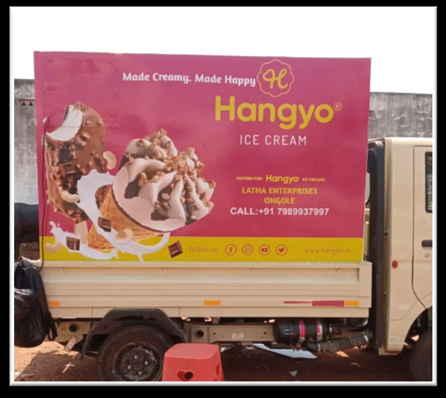 Hangyo Ice Creams branded delivery truck wrap by Shristi Advertising, Tirupati