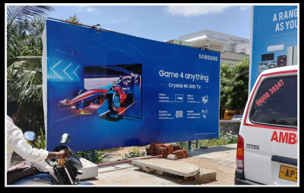 Large-format Samsung hoarding being installed in Tirupati by Shristi Advertising