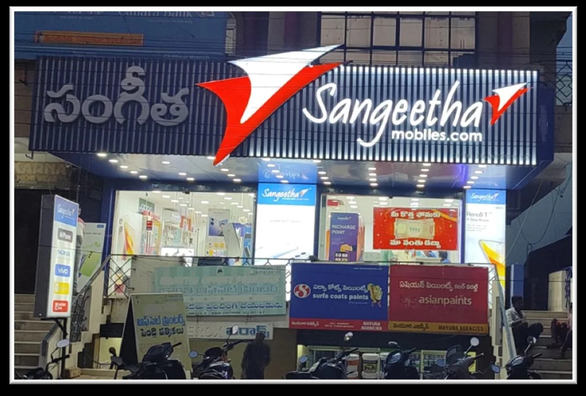 Sangeetha Mobiles LED channel letter sign board in Tirupati by Shristi Advertising